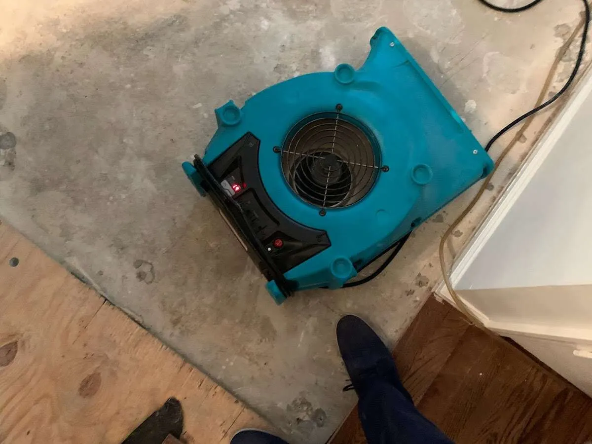 Air mover drying subfloor during Leak Detection & Repair in Halfmoon